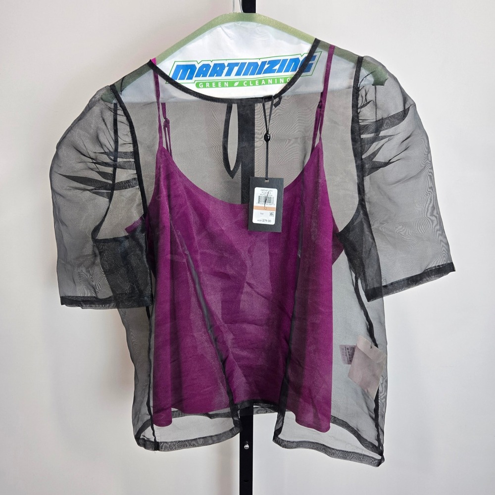 NWT DKNY Black Sheer Puff Sleeve Top Blouse Purple Cami 12 Whimsygoth Fairy Glam